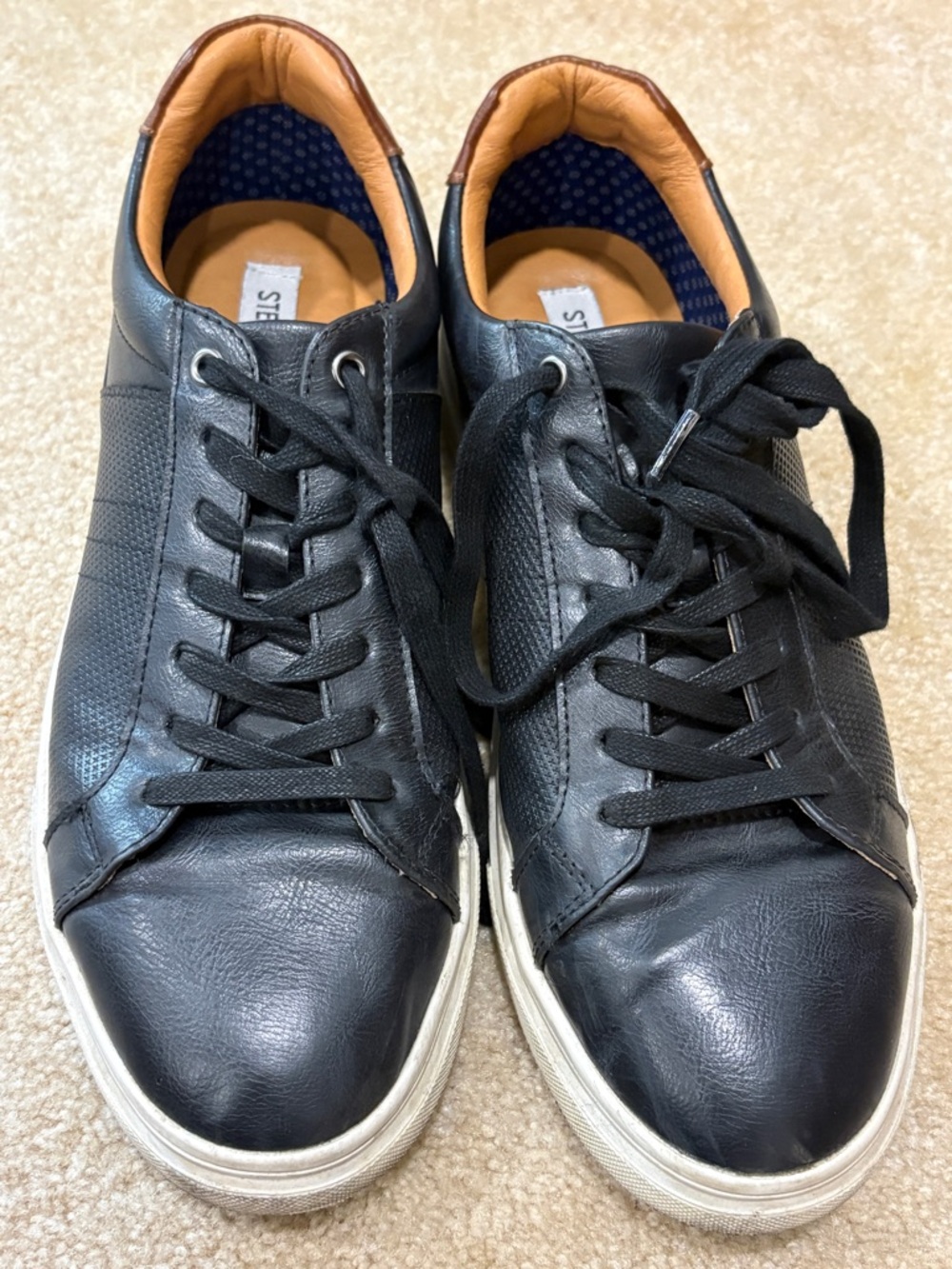 Tucker Black Leather Sneakers with Tan Collar and White Sole